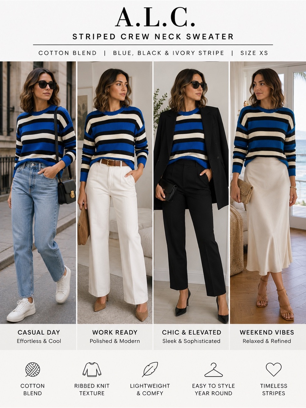 A.L.C. Blue Stripe Cropped Knit Sweater XS Cotton Blend Pullover